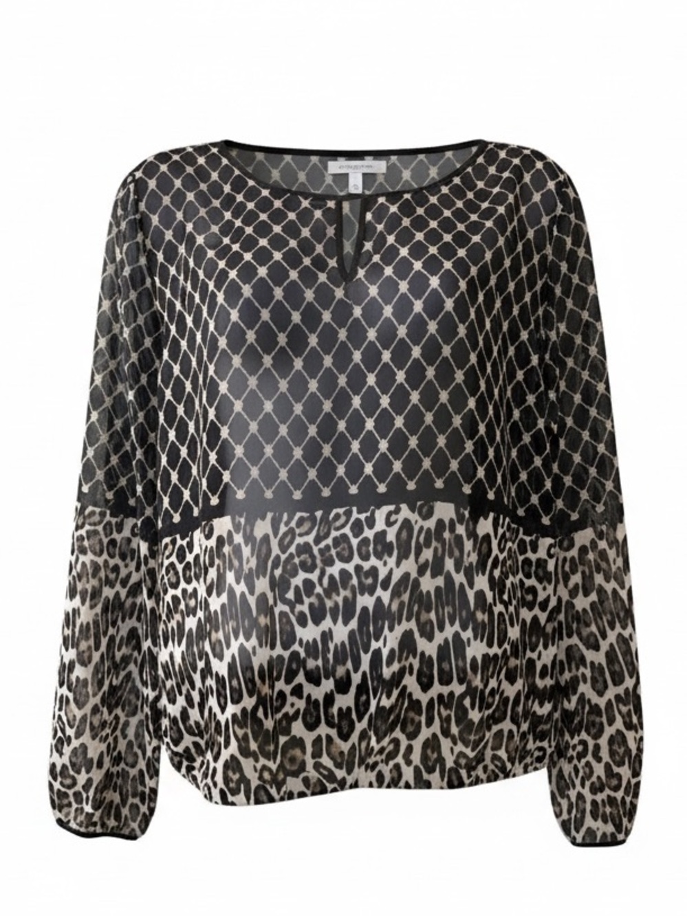 Chico’s Semi Sheer‎ Black Chiffon Animal Print Blouse Open Split Back Bubble Hem